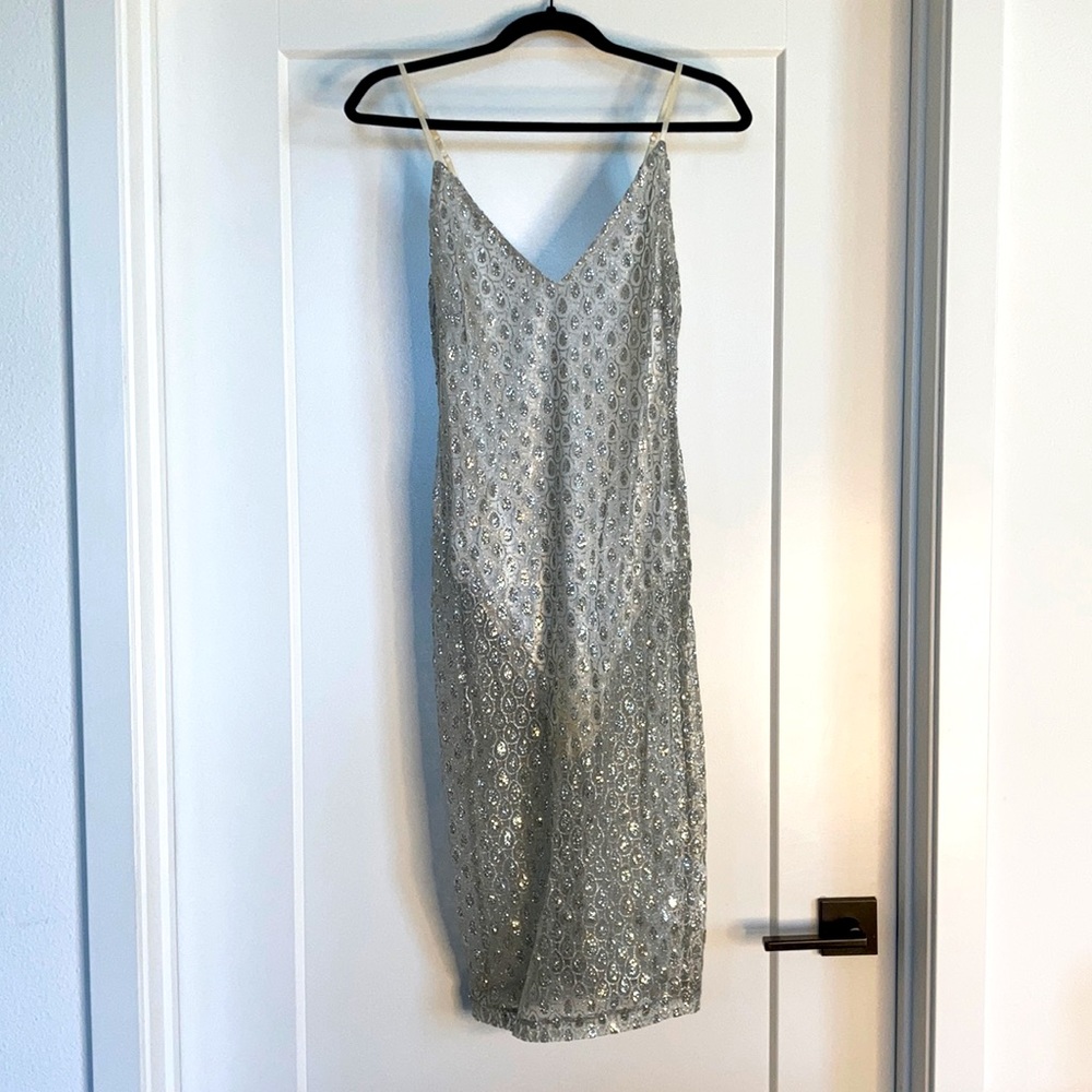 Silver Tear Drop Design Sparkly Mini Dress. Size S